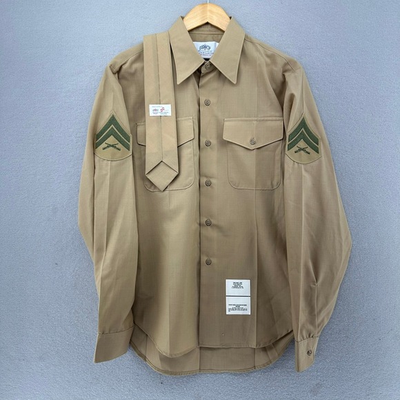 USMC Military Uniform Shirt Wool Blend Long Sleeve Khaki + Tie DSCP Skillcraft - Picture 2 of 9